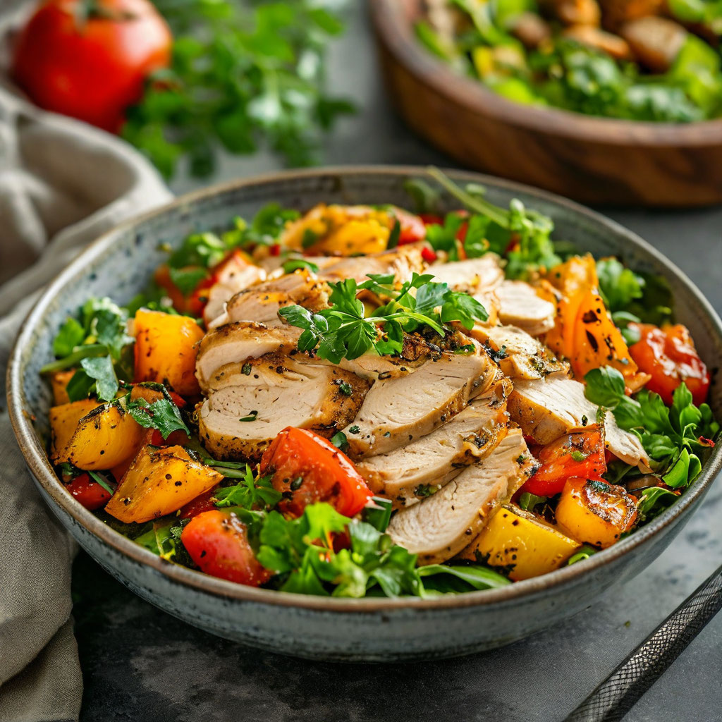 Тёплый салат с курицей и овощами